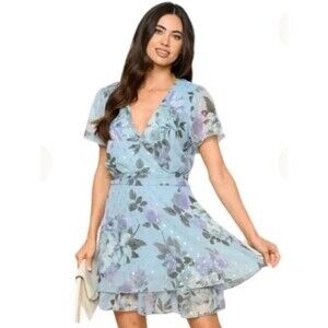 Honey And Rosie Dress Women 3 Blue Purple Floral Faux Wrap Ruffle Boho Mini